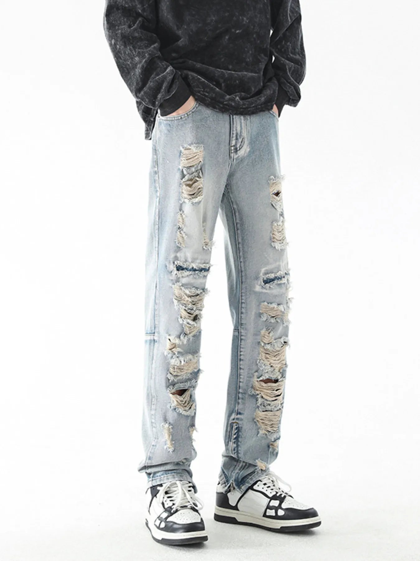 Trendsi men's distressed straight jeans light wash heavy rips streetwear fit with sneakers