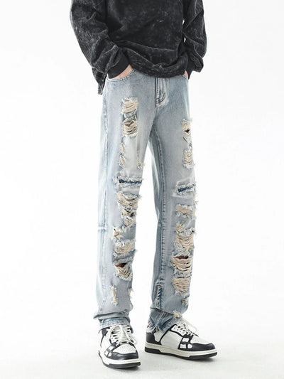 Trendsi men's distressed straight jeans light wash heavy rips streetwear fit with sneakers