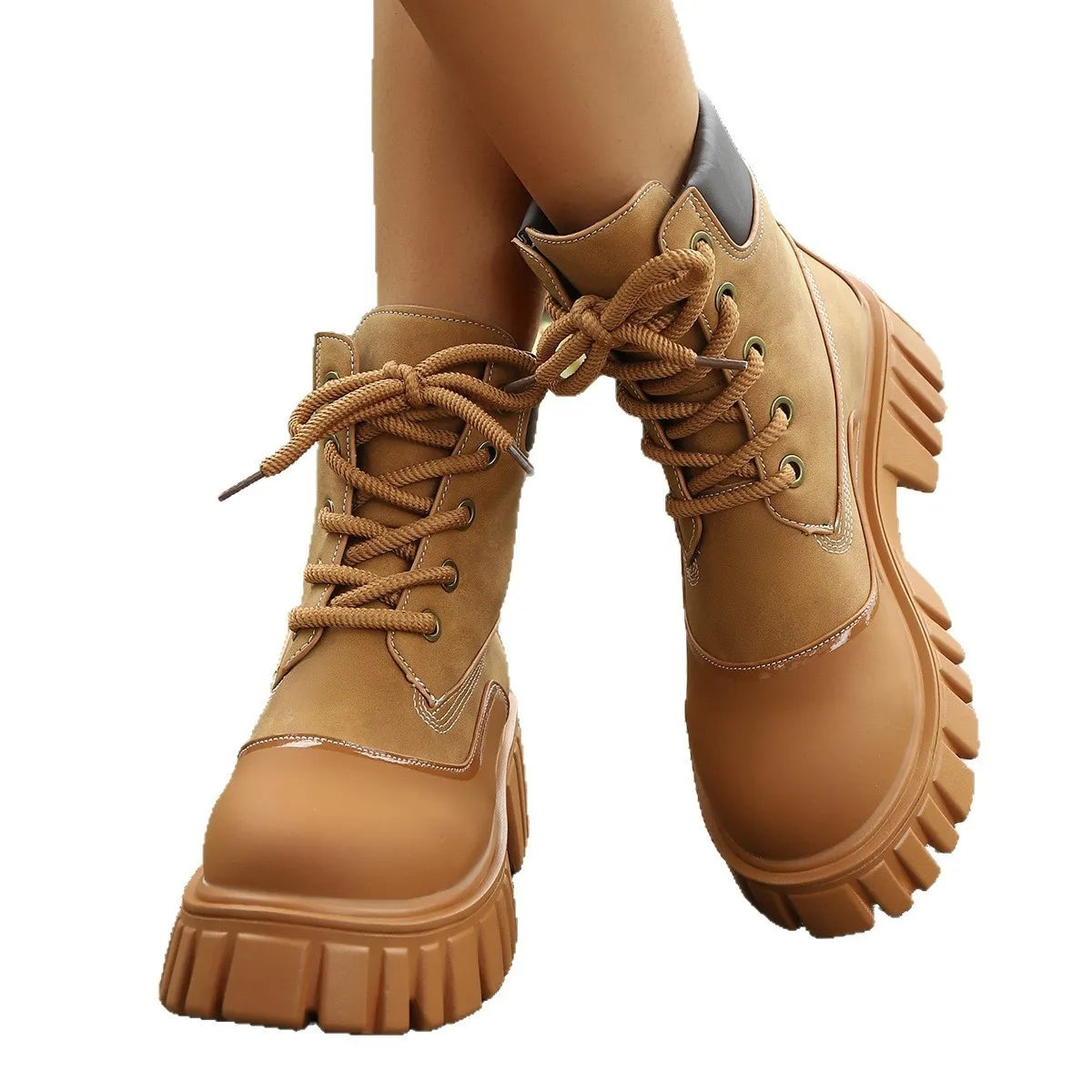 Trendsi tan lace up Platform Combat Boots with chunky lug platform sole and padded ankle collar