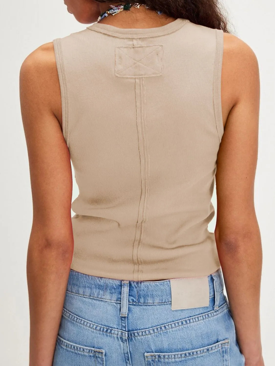 Back view of a Trendsi V-Neck Tank Top in beige, perfect for casual summer outfits