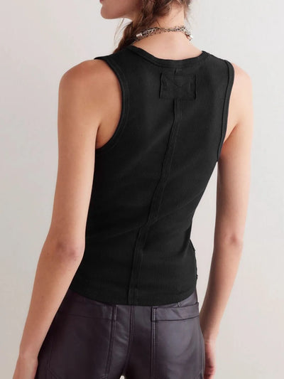 Trendsi V-Neck Tank Top in black, featuring a stylish back design for a modern look