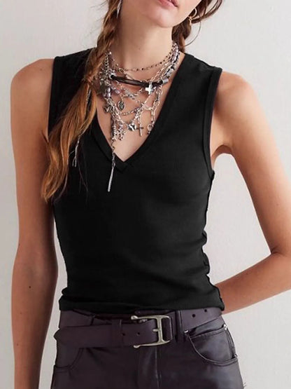 Stylish black V-Neck Tank Top with ribbed texture, perfect for layering or casual outfits