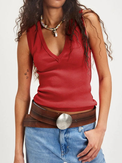Trendsi V-Neck Tank Top in Red, featuring a fitted design and stylish neckline for casual wear