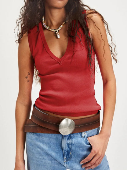 Trendsi V-Neck Tank Top in Red, featuring a fitted design and stylish neckline for casual wear