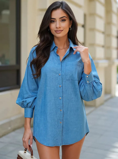 Trendsi button up lantern sleeve blue shirt dress with front pocket and long puff sleeves