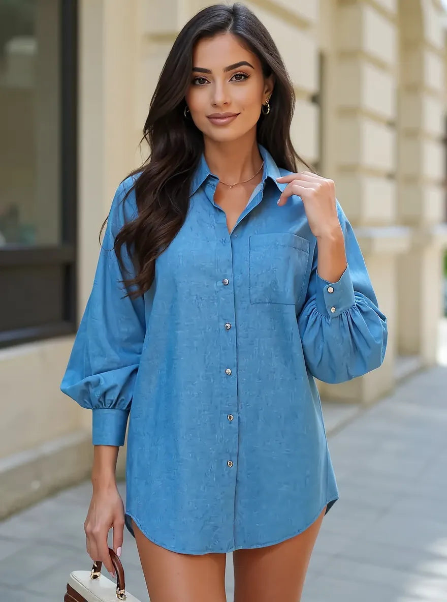 Trendsi button up lantern sleeve blue shirt dress with front pocket and long puff sleeves