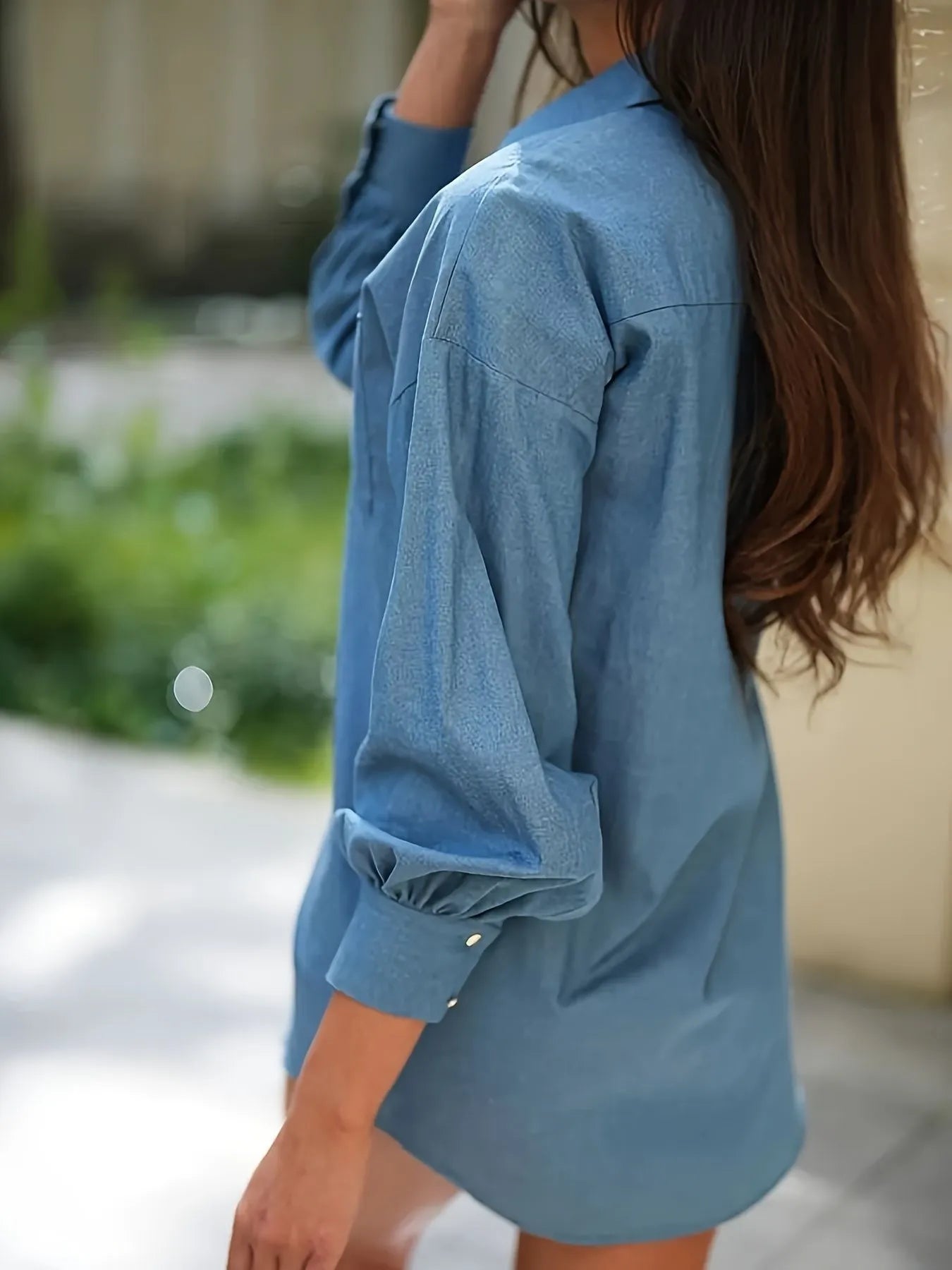 Trendsi Button Up Lantern Sleeve shirt dress in denim blue with puffed sleeves and cuff buttons
