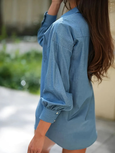 Trendsi Button Up Lantern Sleeve shirt dress in denim blue with puffed sleeves and cuff buttons