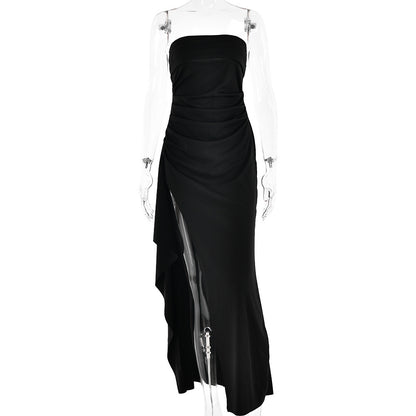 Elegant Strapless Maxi Dress in Black with a High Slit and Ruched Detailing for Sophisticated Style