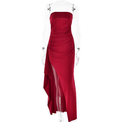 Elegant Strapless Maxi Dress in Red with a High Slit and Ruched Design for Evening Wear