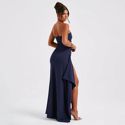 Elegant Strapless Maxi Dress in Navy with a Side Slit and Fitted Bodice for Sophisticated Style