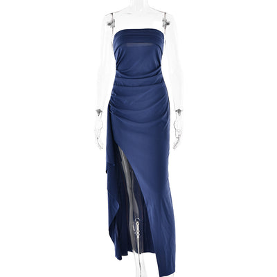 Elegant Strapless Maxi Dress in Navy Blue with Side Slit and Draped Detail for Formal Occasions