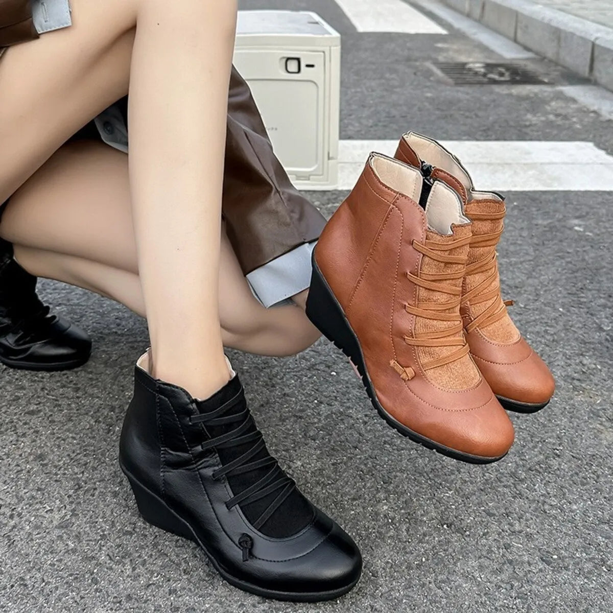 Trendsi mid heel lace up ankle boots in black and brown leather on pavement
