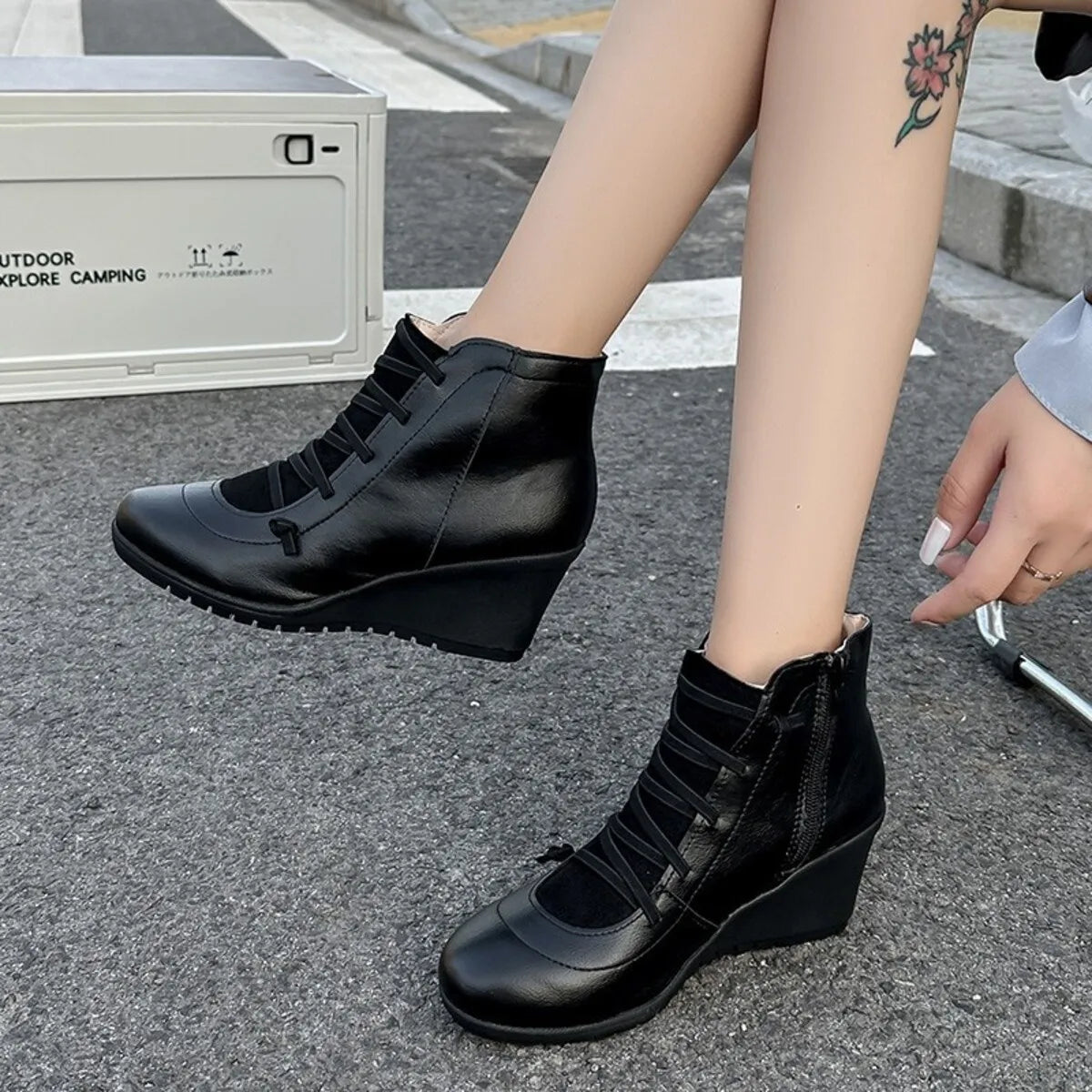 Trendsi black mid heel lace up ankle boots with side zipper and rounded toe