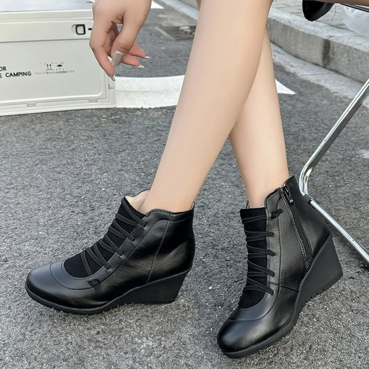 Trendsi black leather Mid Heel Lace Up wedge ankle boots with side zipper for women