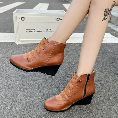 Trendsi brown mid heel lace up ankle boots with side zipper and black wedge sole