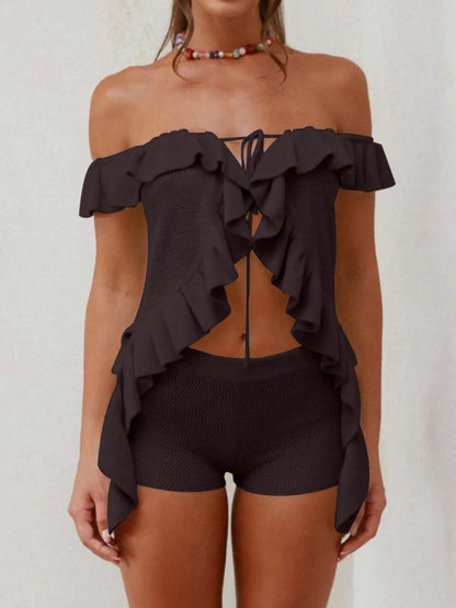 Trendsi black off-shoulder ruffle top with tie front detail and matching shorts set for women