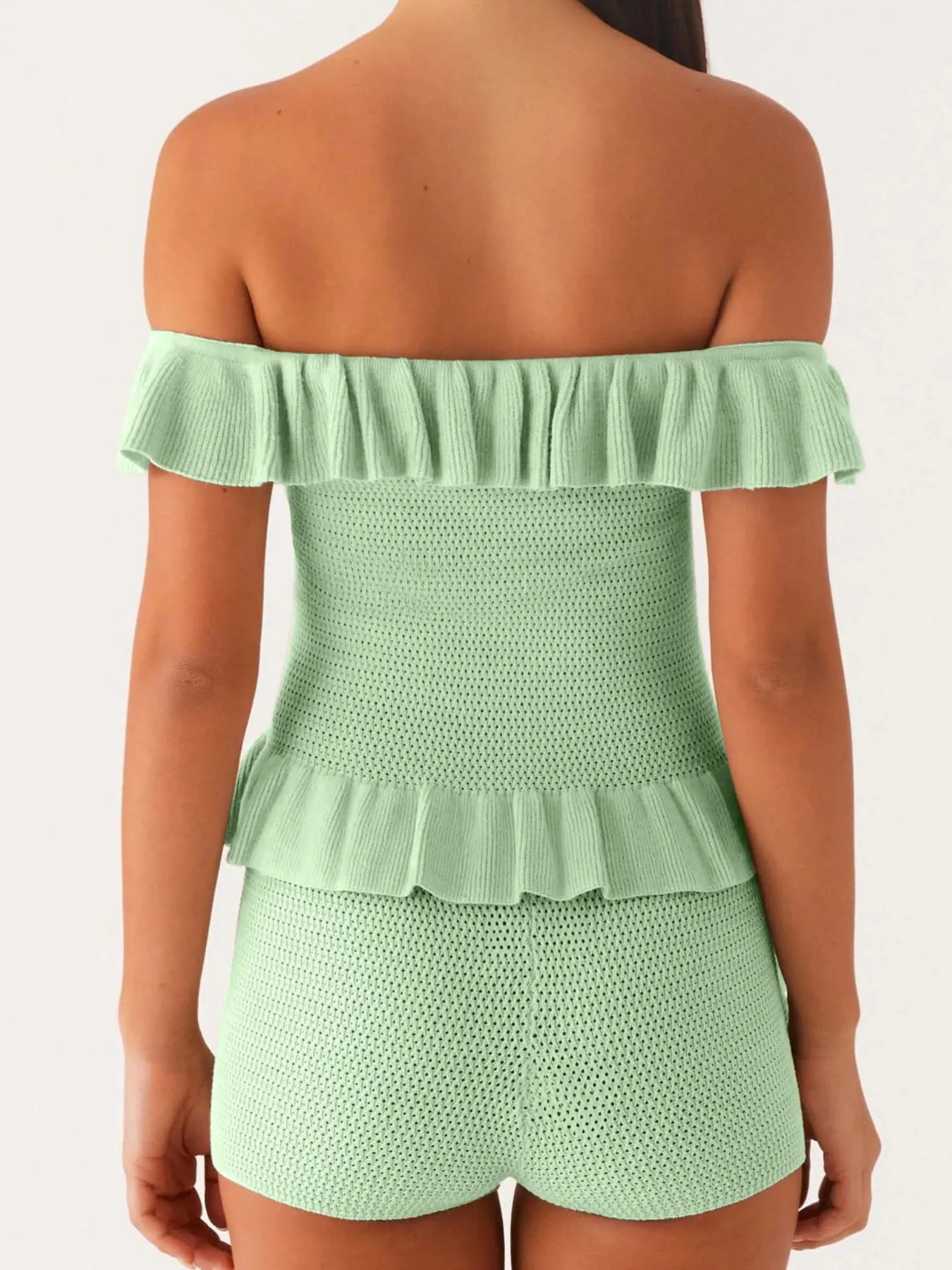 Trendsi light green knitted Off-Shoulder Ruffle Top worn by model showing back view