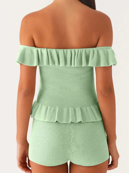 Trendsi light green knitted Off-Shoulder Ruffle Top worn by model showing back view