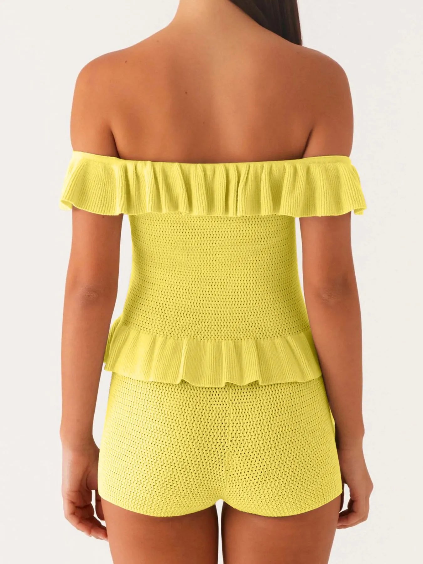 Trendsi yellow off-shoulder ruffle top with textured fabric and matching shorts set