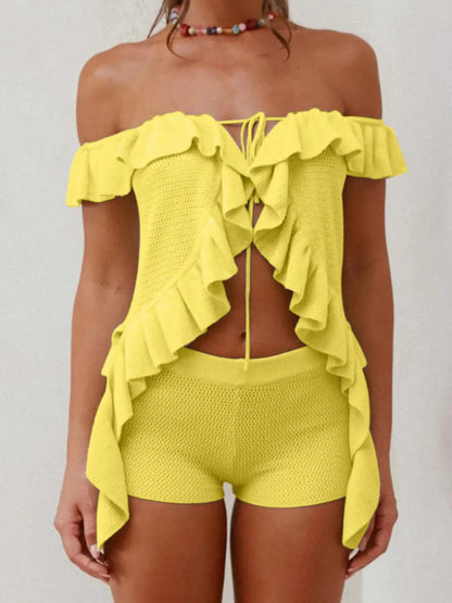 Yellow off-shoulder ruffle top by Trendsi with textured fabric and matching shorts set
