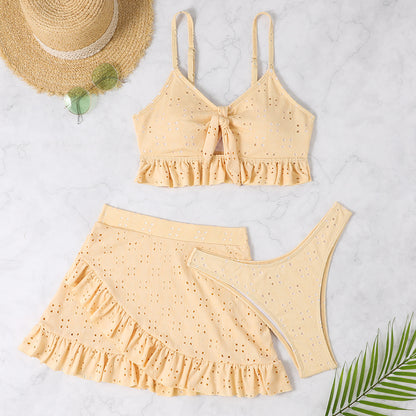 Trendsi Ruffle Design Beach Bikini set in light yellow with a top, ruffled skirt, and matching bottoms