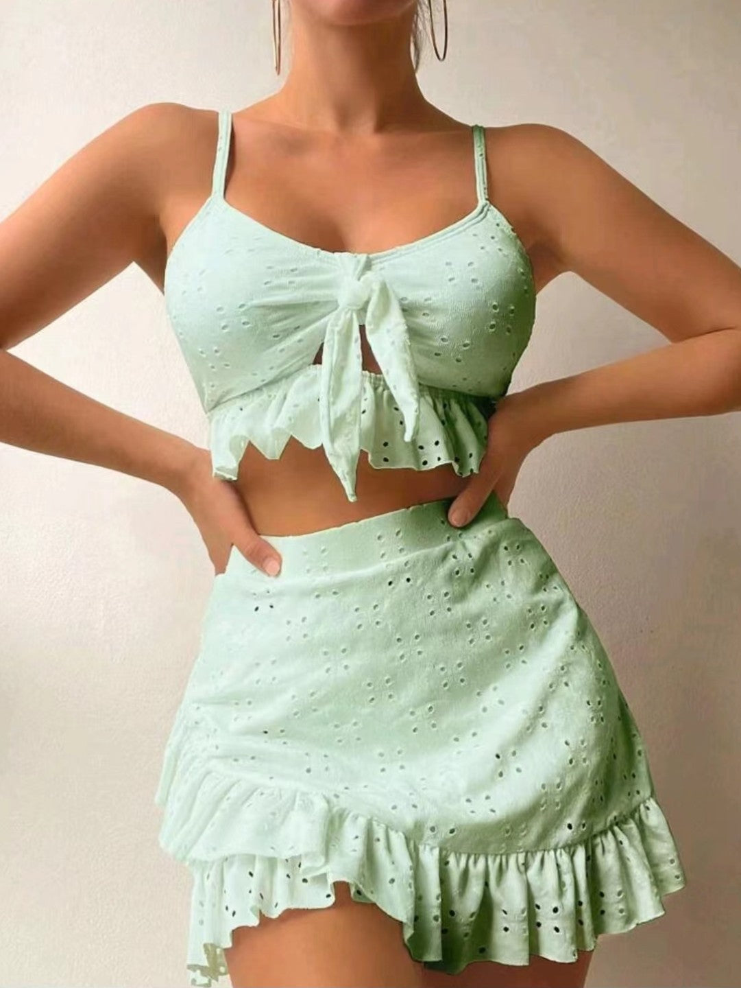 Trendsi Ruffle Design Beach Bikini in light green with eyelet fabric and tied front top