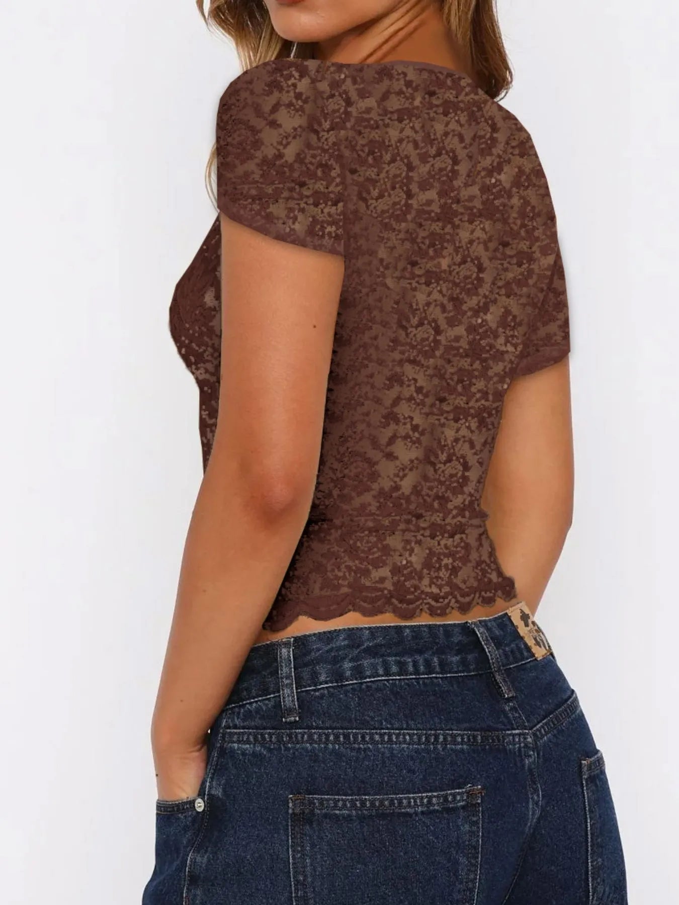 Trendsi Brown Short Sleeve T-Shirt with Sheer Floral Design for a Trendy Look