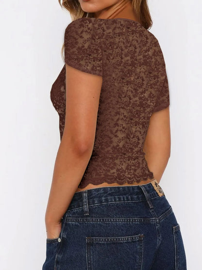 Trendsi Brown Short Sleeve T-Shirt with Sheer Floral Design for a Trendy Look