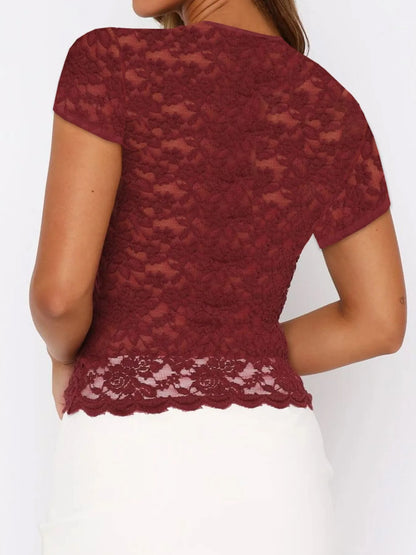 Burgundy lace Short Sleeve T-Shirt with a scalloped hem for a stylish layered look