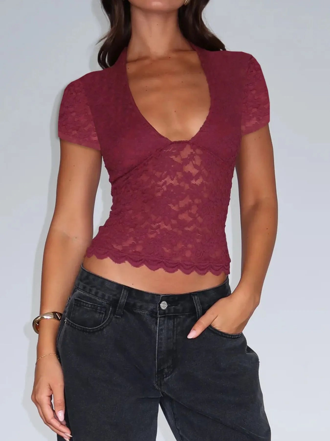 Trendsi Short Sleeve T-Shirt in burgundy lace with a deep V-neck and scalloped hem