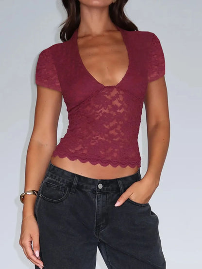 Trendsi Short Sleeve T-Shirt in burgundy lace with a deep V-neck and scalloped hem