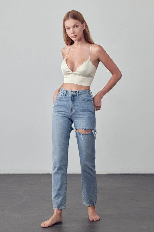 Insane Gene Straight Ankle Jeans in light blue with a relaxed fit and stylish rips