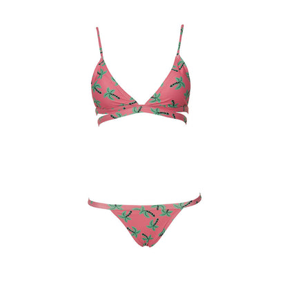 Trendsi Tropical Print Brazilian Cut Bikini in pink with green palm leaf pattern and adjustable straps