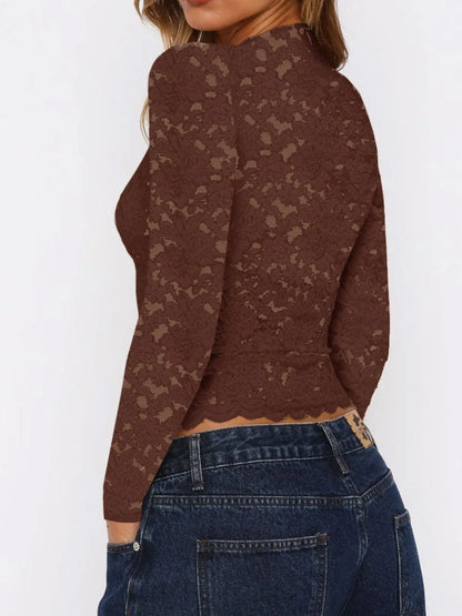 Trendsi V-Neck Blouse in Brown Lace with Long Sleeves, Perfect for Casual Outings