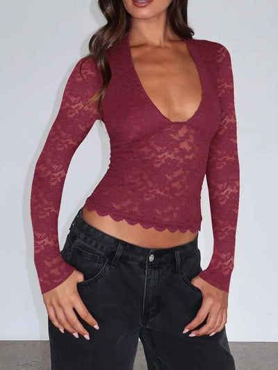 Burgundy Lace V-Neck Blouse with Long Sleeves and Scalloped Hem for Stylish Layering