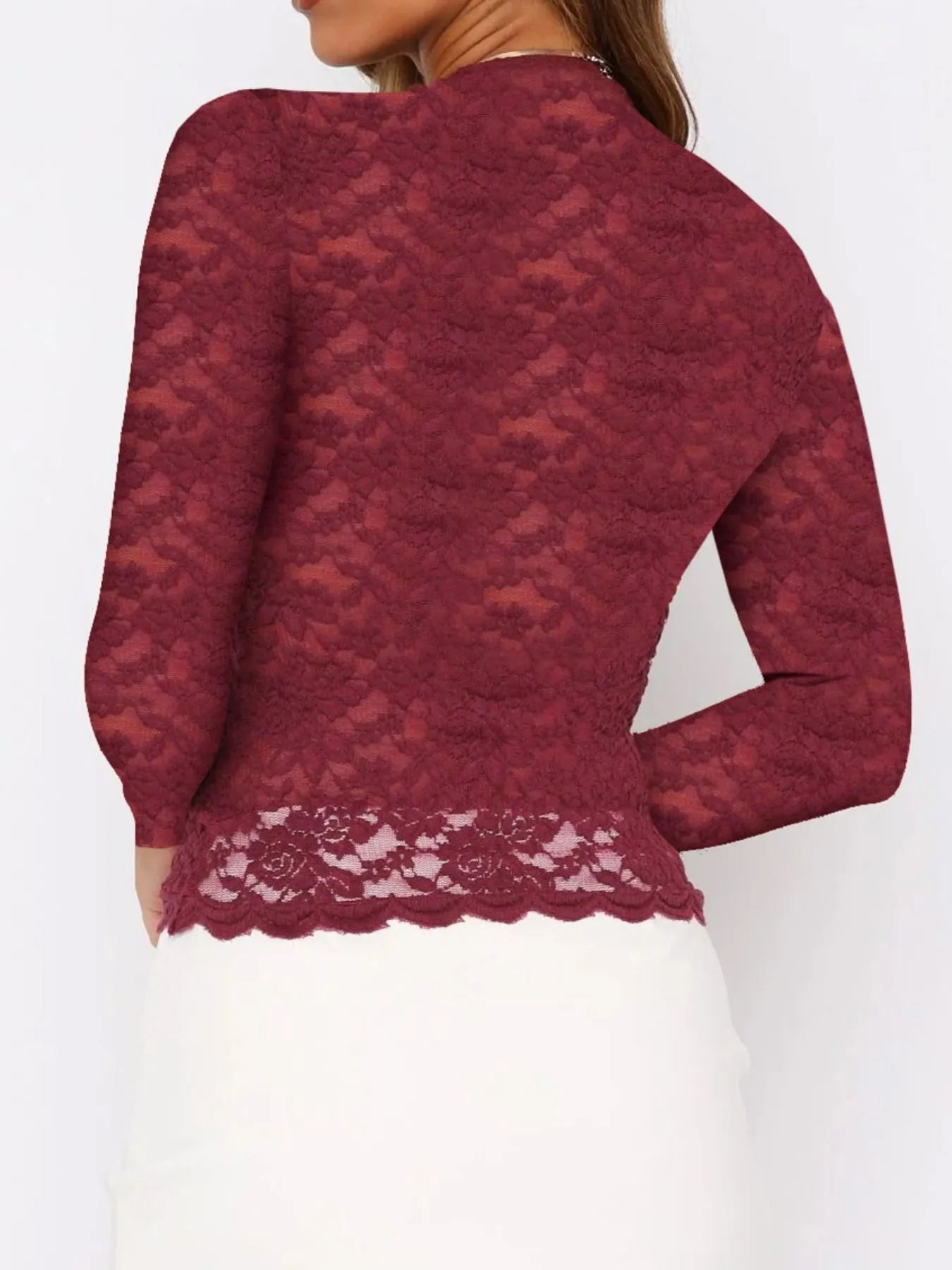 Trendsi V-Neck Blouse in burgundy lace with three-quarter sleeves and scalloped hem
