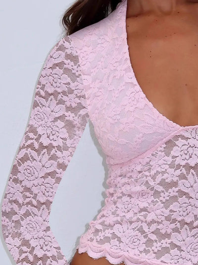 Trendsi V-Neck Blouse in Pink Lace with Long Sleeves for a Stylish Look
