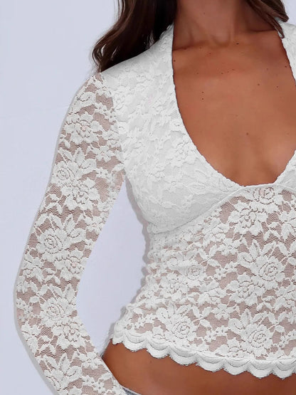 Trendsi V-Neck Blouse in white lace with long sleeves and floral design for elegant styling
