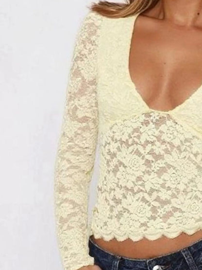 Trendsi V-Neck Blouse in light yellow lace with long sleeves and scalloped hem