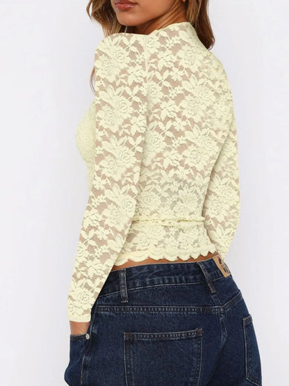 Trendsi V-Neck Blouse in lace design with long sleeves and scalloped hem for a stylish look