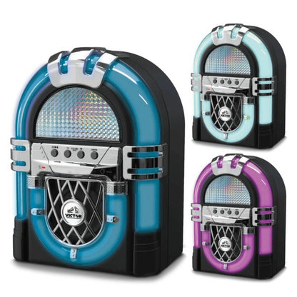 Victor BLVD Mini Bluetooth Jukebox in blue, teal, and purple with retro design and control buttons