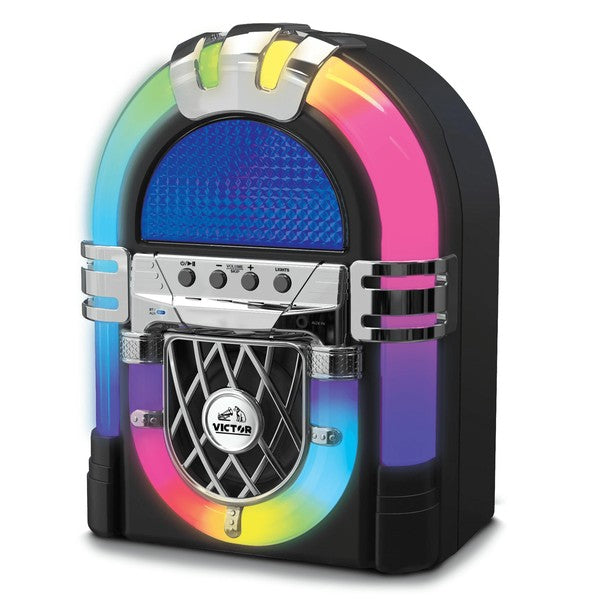 Colorful Victor BLVD Mini Bluetooth Jukebox by Jupiter Gear with retro design and LED lights