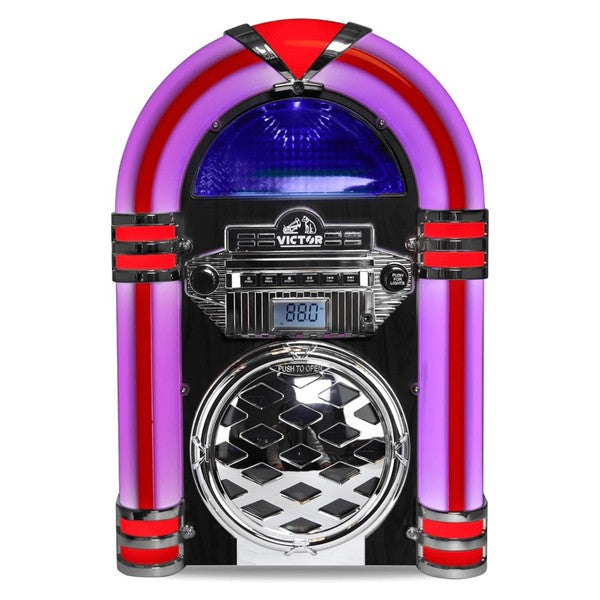 Victor Broadway II Desktop CD Jukebox with retro neon red and purple lights by Jupiter Gear