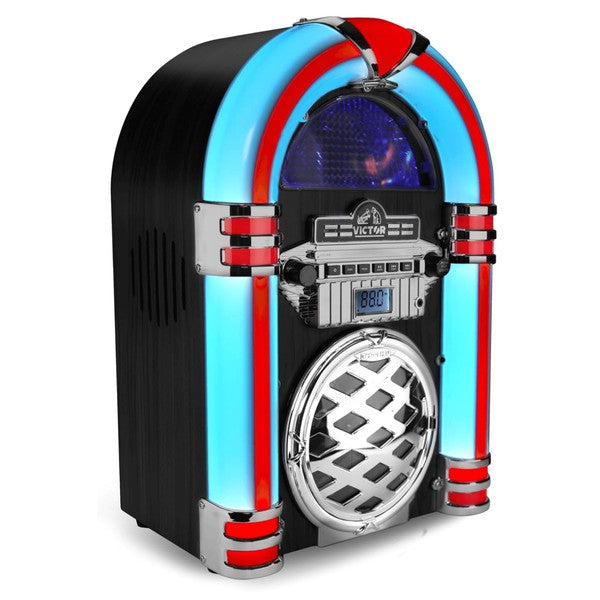 Victor Broadway II Desktop CD Jukebox by Jupiter Gear with retro style and vibrant red and blue neon lights