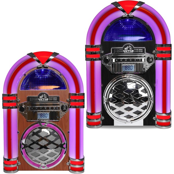 Jupiter Gear Victor Broadway II Desktop CD Jukebox with retro design and colorful neon lights