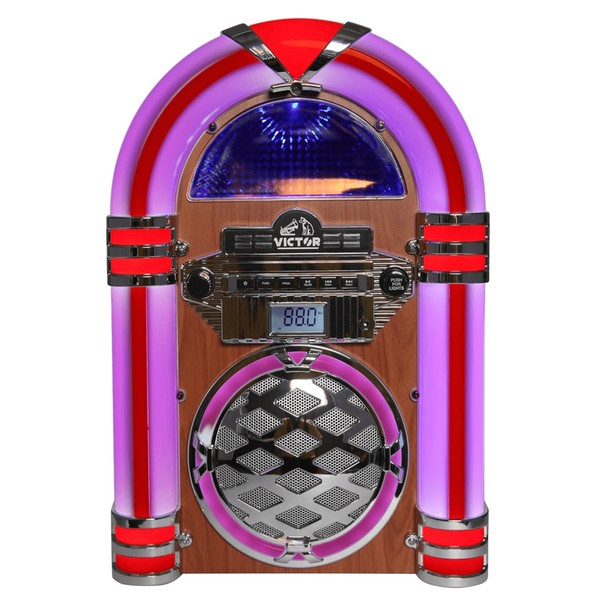 Victor Broadway II Desktop CD Jukebox by Jupiter Gear with retro design and colorful neon lights