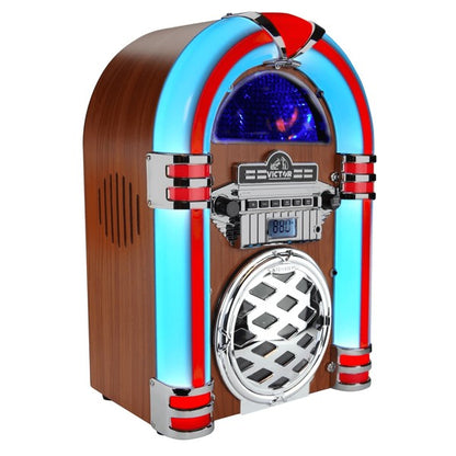 Victor Broadway II Desktop CD Jukebox by Jupiter Gear with retro wood design and blue red neon lights
