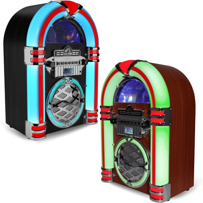 Victor Wilshire Bluetooth Jukebox by Jupiter Gear in retro style with colorful LED lighting in red blue and green