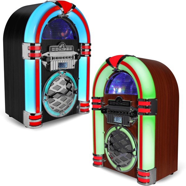 Victor Wilshire Bluetooth Jukebox by Jupiter Gear in retro style with colorful LED lighting in red blue and green